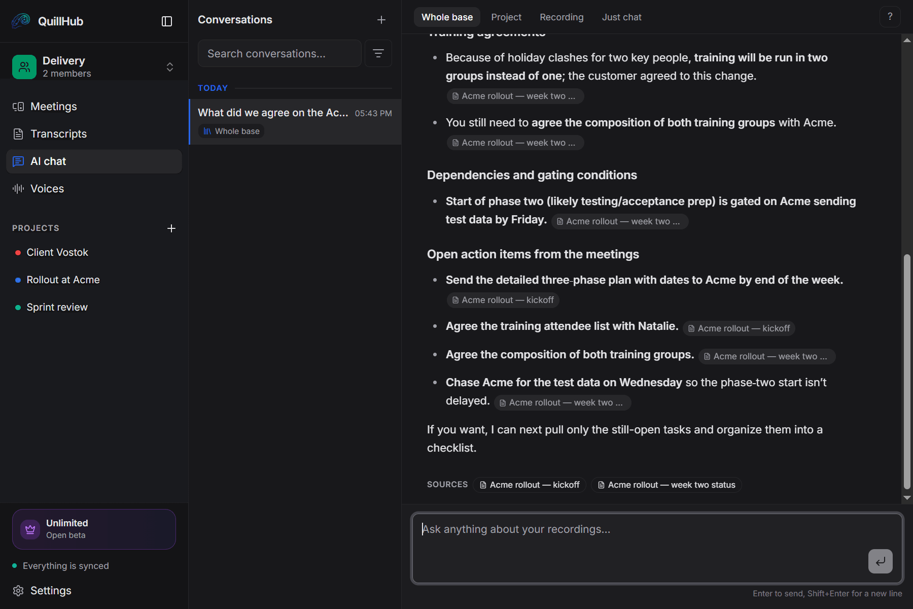QuillHub · AI chat · Project office