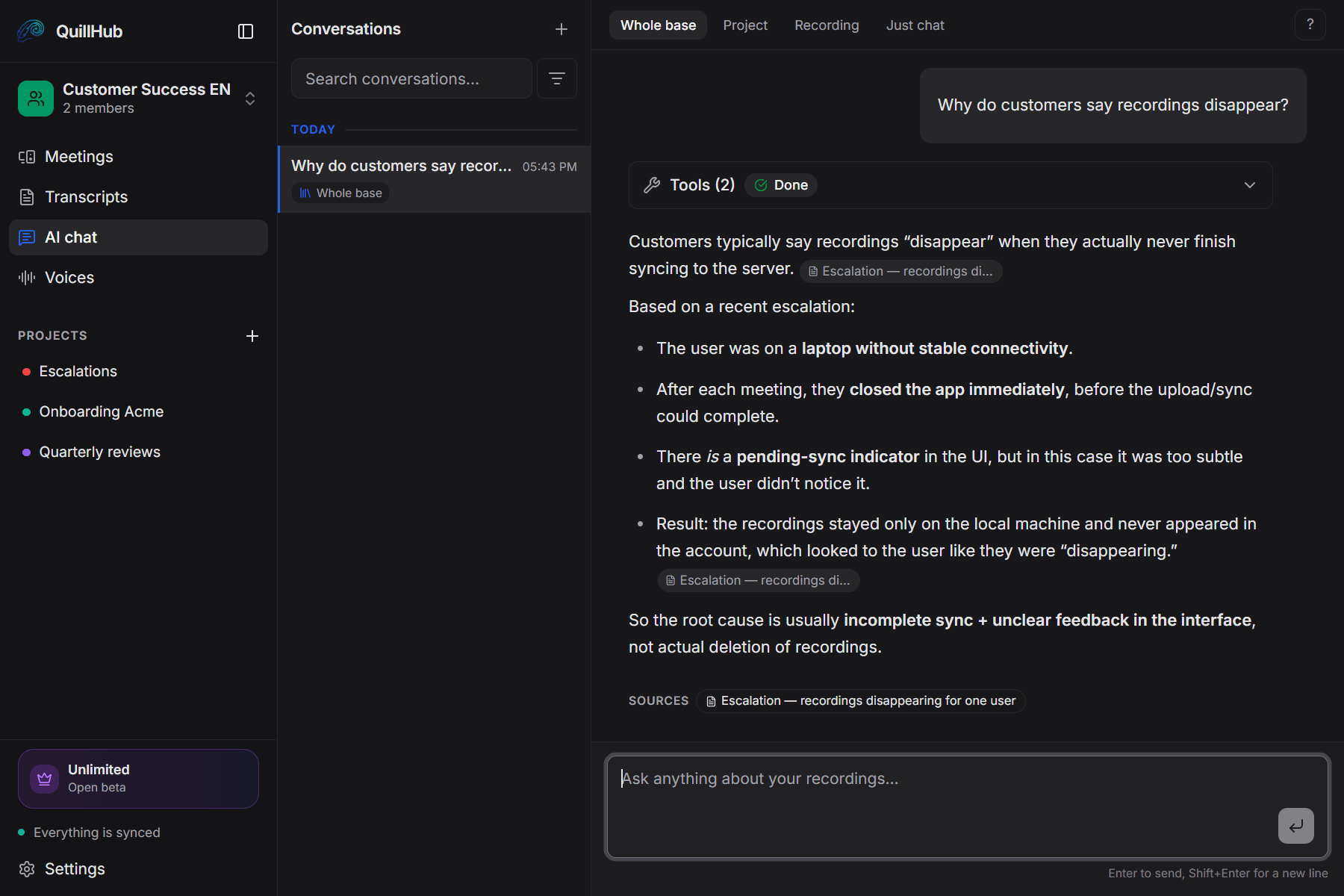 QuillHub · AI chat · Customer Success