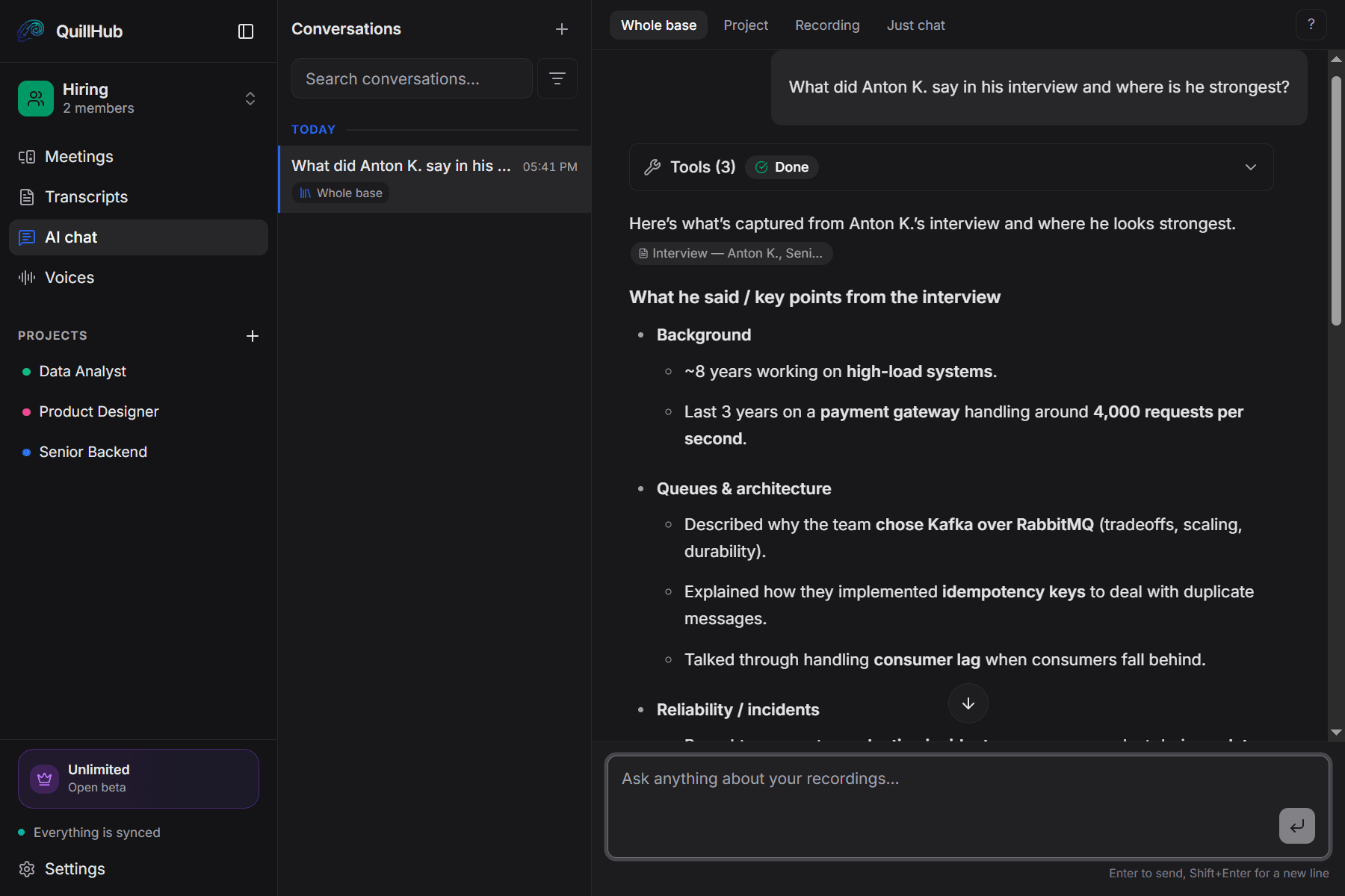 QuillHub · AI chat · Hiring