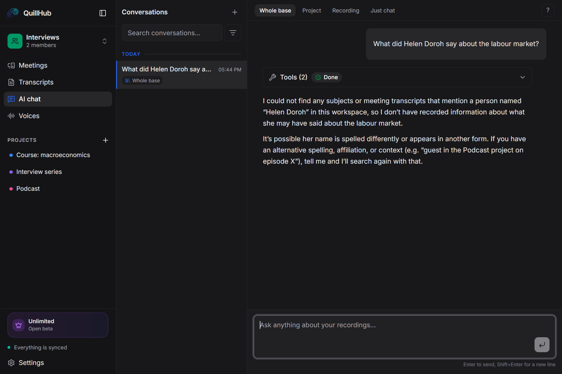 QuillHub · AI chat · Interviews and lectures