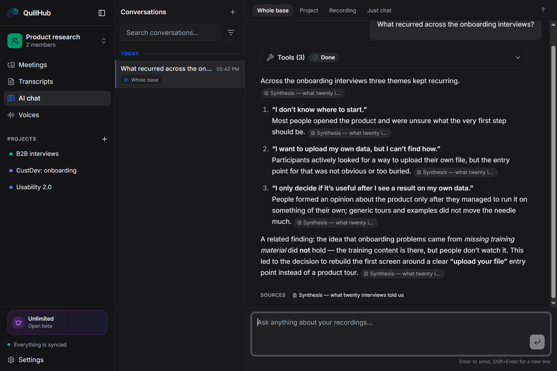 QuillHub · AI chat · Product and research