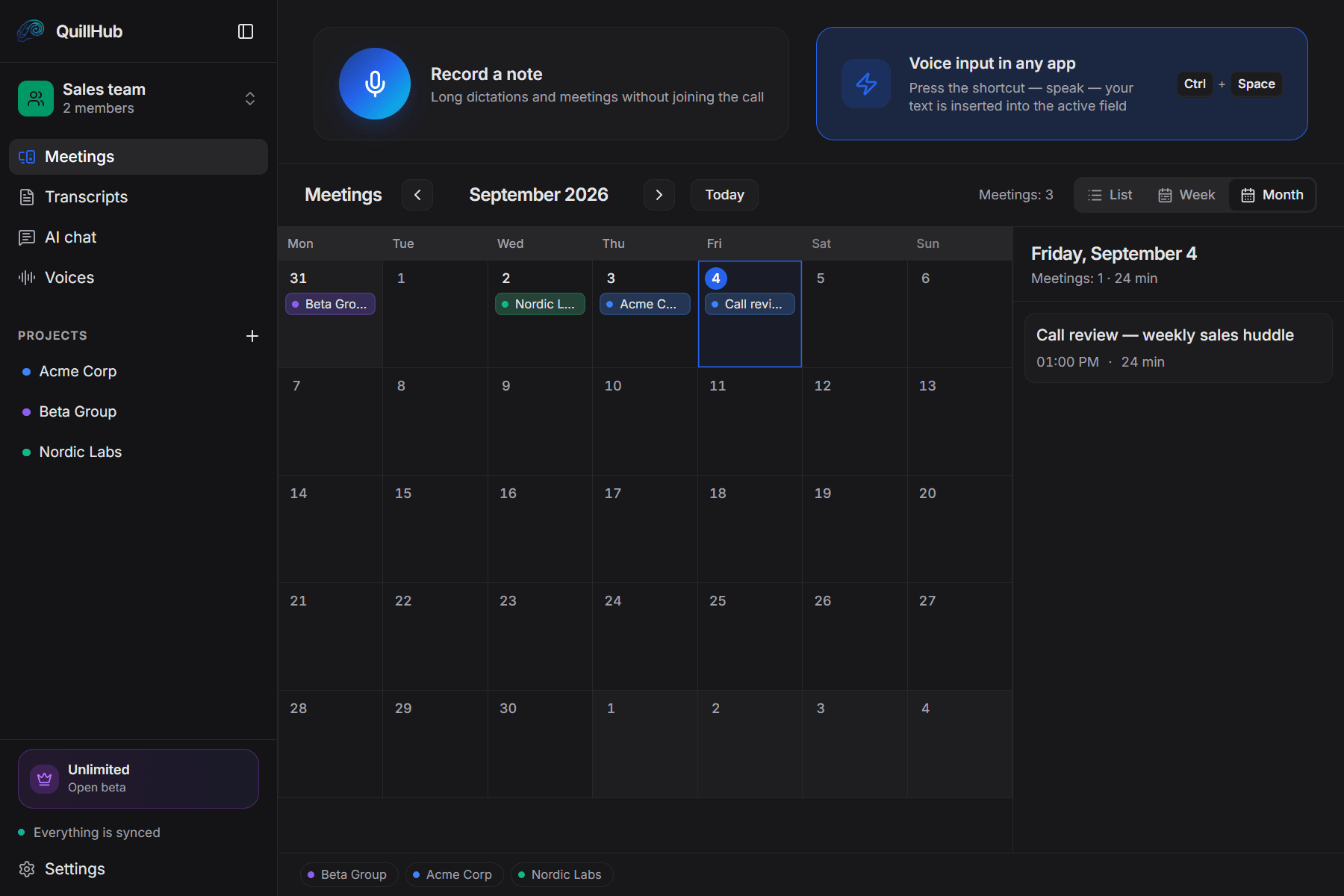 Calendar · September 2026 · Sales team