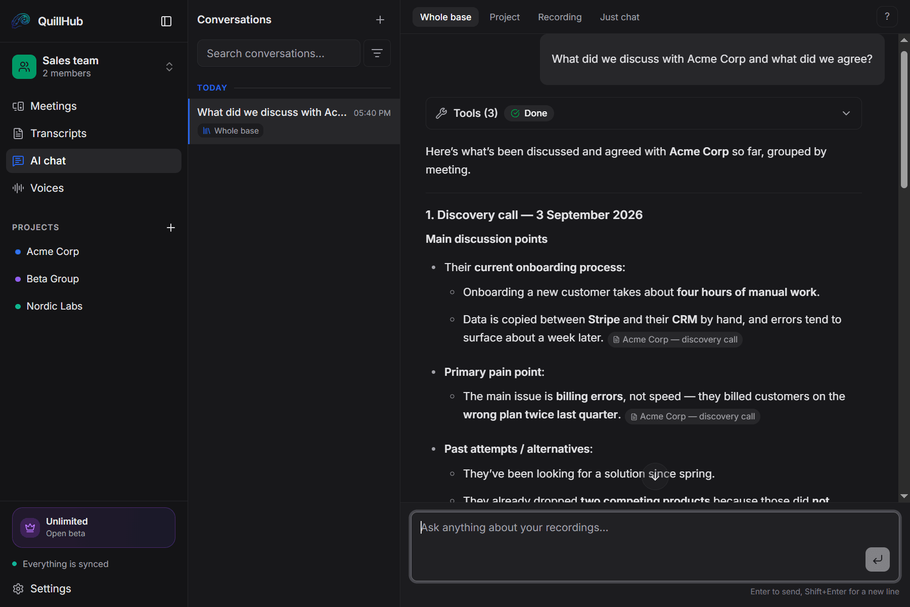 QuillHub · AI chat · Sales team